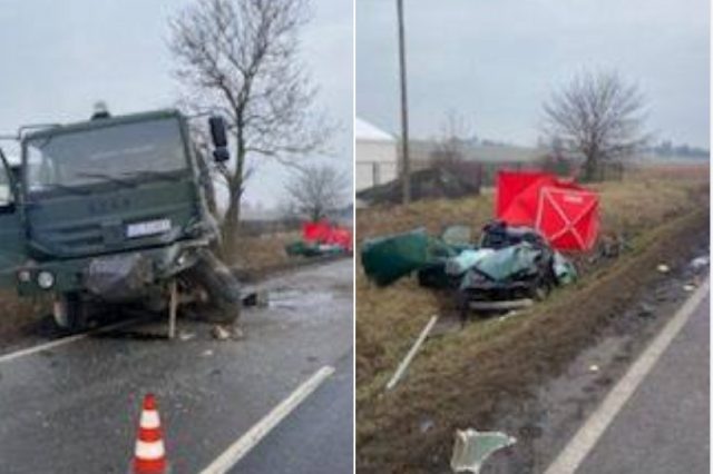 Zderzenie wojskowej ciężarówki przewożącej żołnierzy z audi. Jedna osoba zginęła na miejscu (foto)