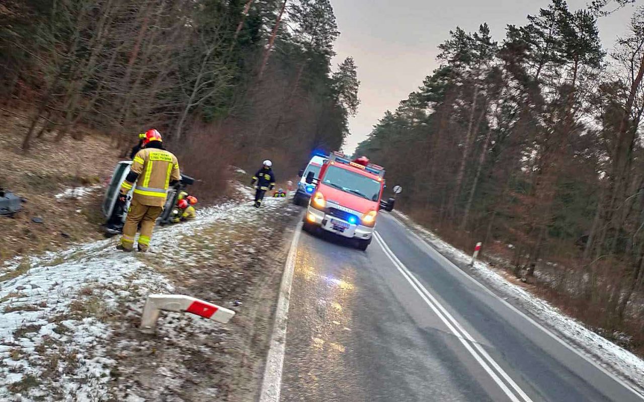 Chciał ominąć sarnę, pojazd wpadł do rowu i przewrócił się na bok. Jedna osoba poszkodowana (zdjęcia)