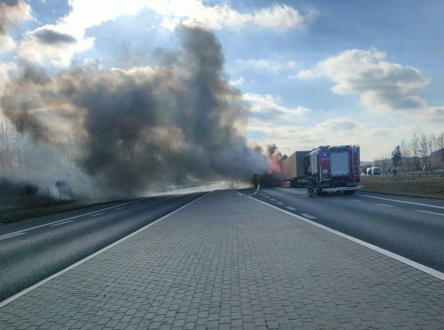 Pożar ciągnika siodłowego na drodze S12. Trwa akcja gaśnicza, są utrudnienia w ruchu (zdjęcia)